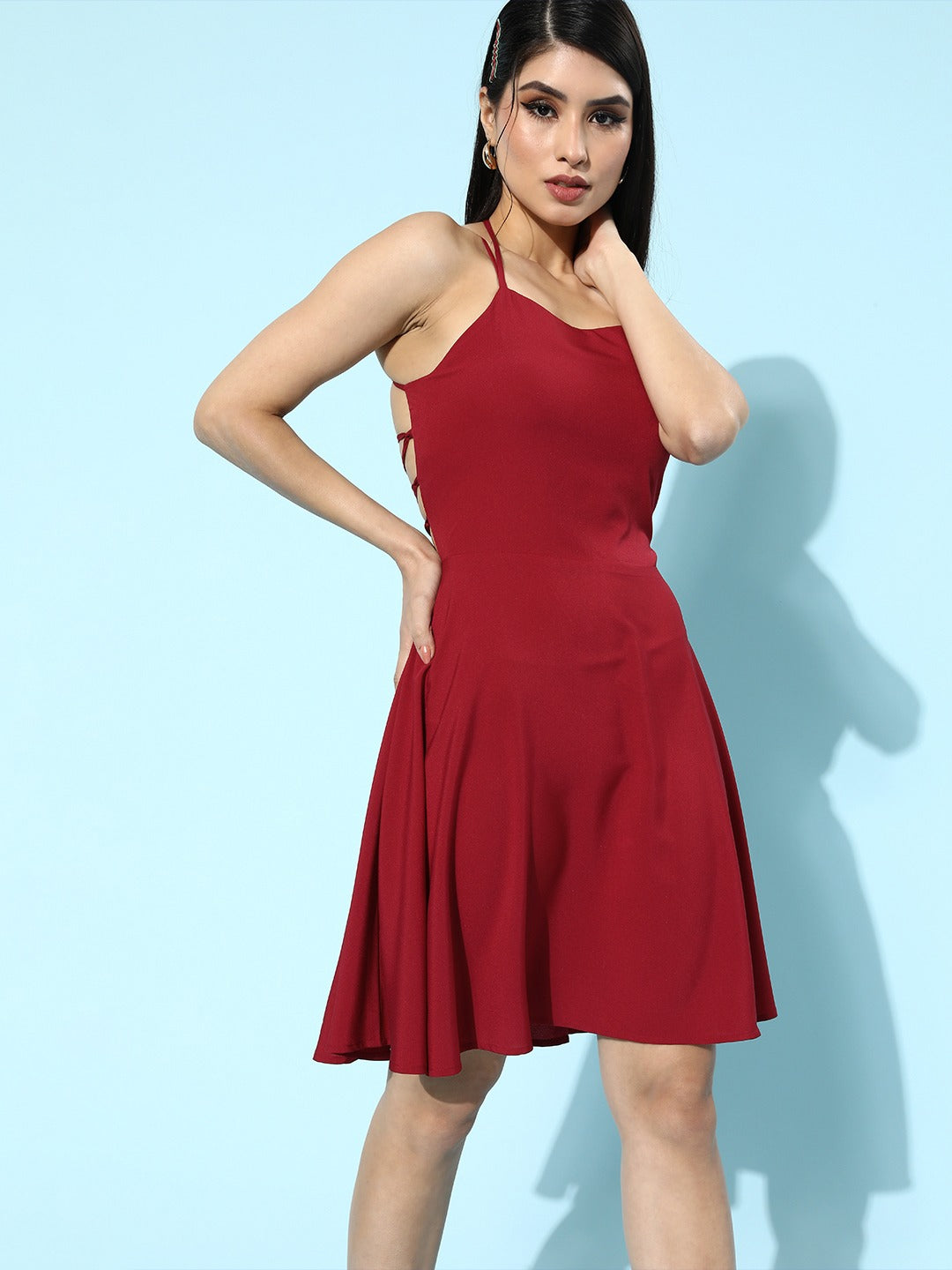 Red Square-Neck Tie-Up A-Line Mini Dress